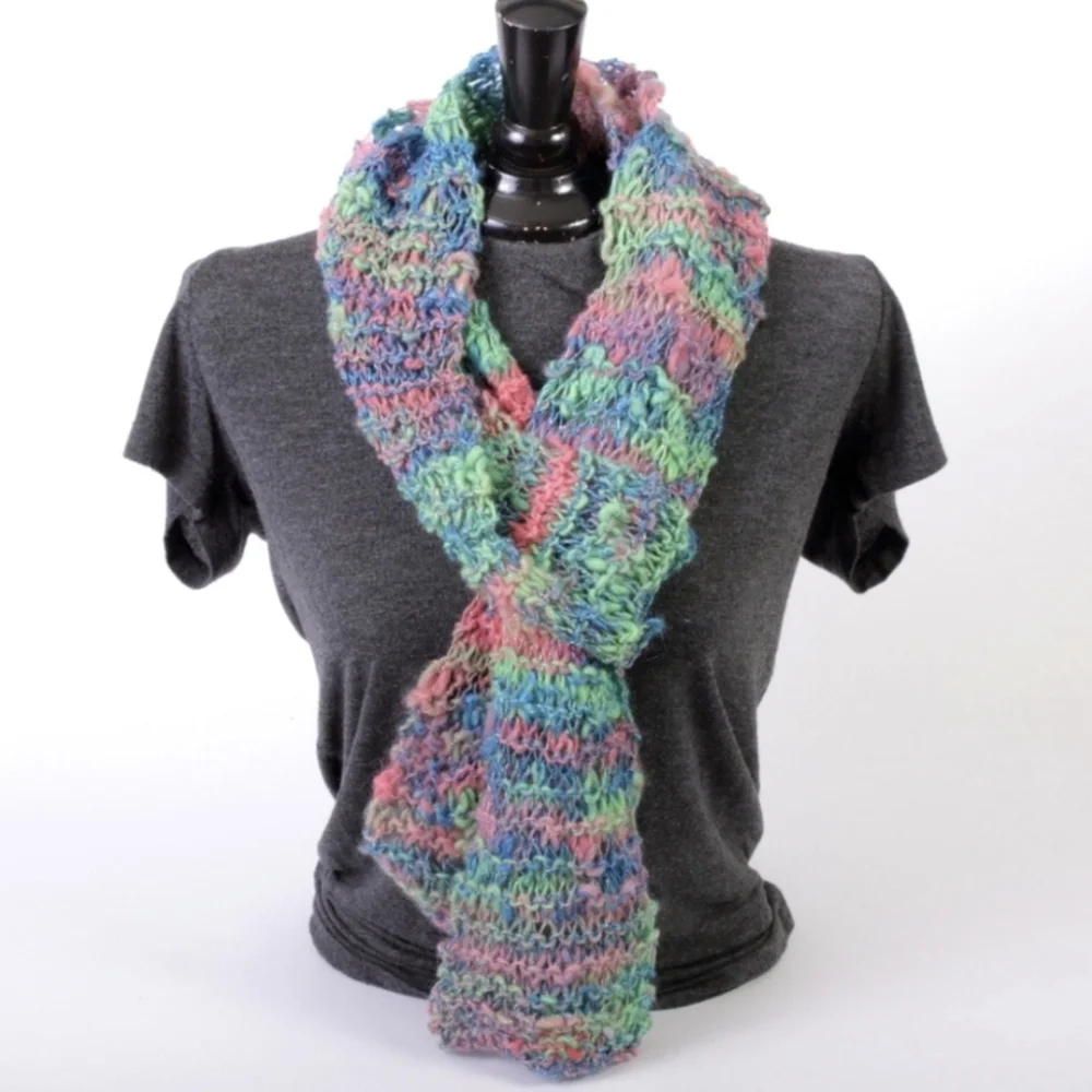 Scarf Handknit from Hand Spun Yarn Wool Bamboo & Silver Thread Handmade Unique